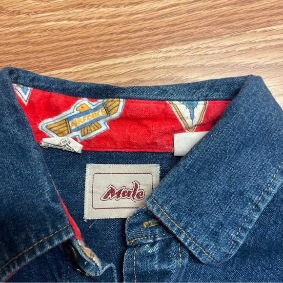 Vintage Male Men’s Denim Button-Down Shirt Medium Air Force Indian 90’s USA Blue - Picture 4 of 7